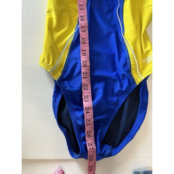 Speedo One Piece Swimsuit 12 Blue Yellow Gold Sporty PowerFlex Eco Splice Back - Picture 13 of 16